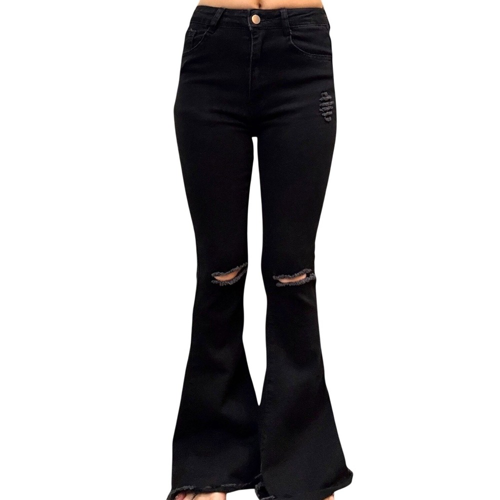 XS‎ Black Distressed Knee Flare Jeans Size 2 Denim Jeans Bell Bottoms Slit Knee